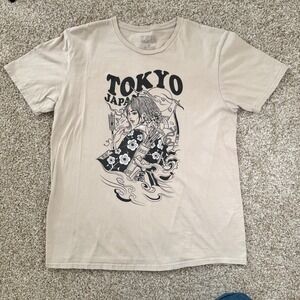 LCM Intl Tokyo Mens Size L Beige Black Cotton Graphic Short Sleeve T Shirt